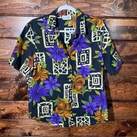 Vintage Cristin Stevens Floral Tribal Print Short Sleeve Button Up Blouse Size M - Picture 6 of 14